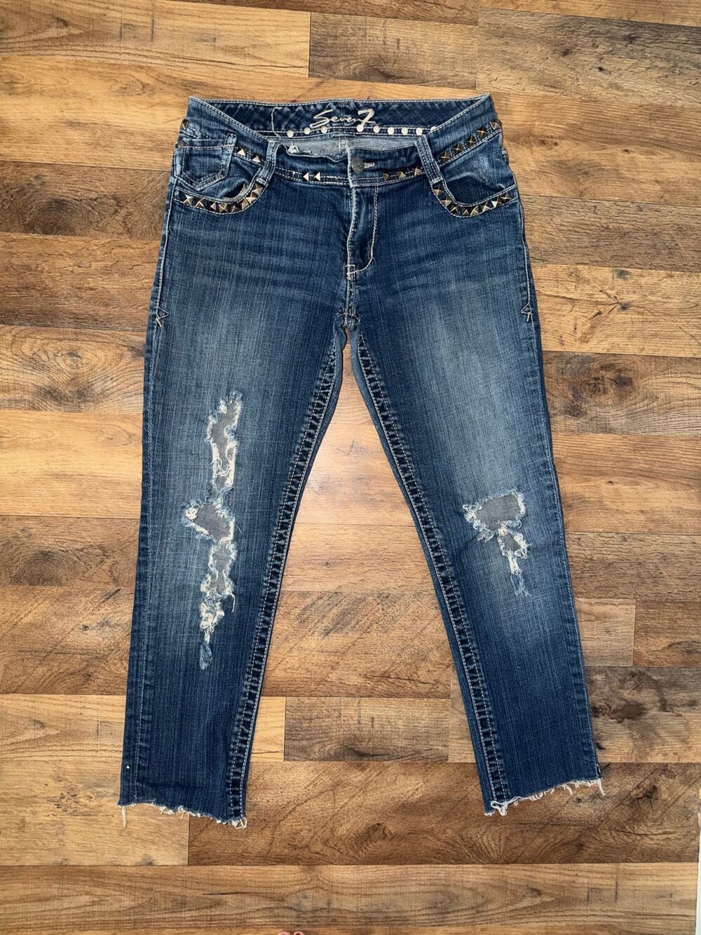 Seven7 women’s studded detailing distressed blue jeans